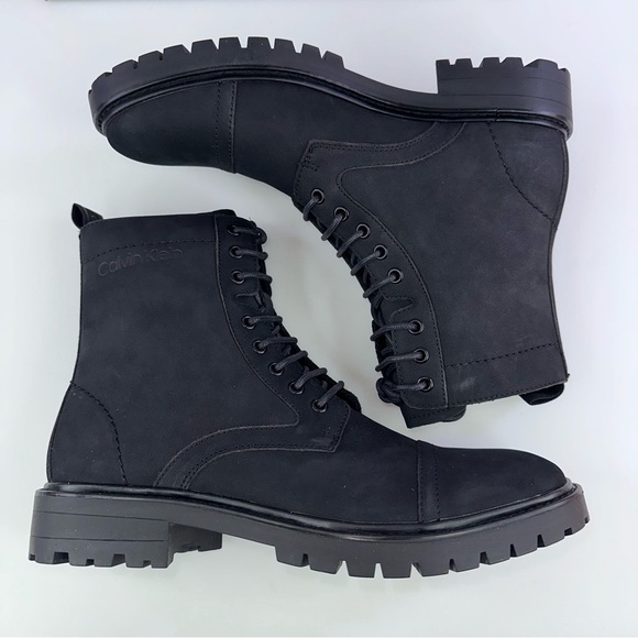 CALVIN KLEIN Mens Black Pull Tab Lorenzo Round Toe Block Heel Leather Boots - Picture 2 of 8